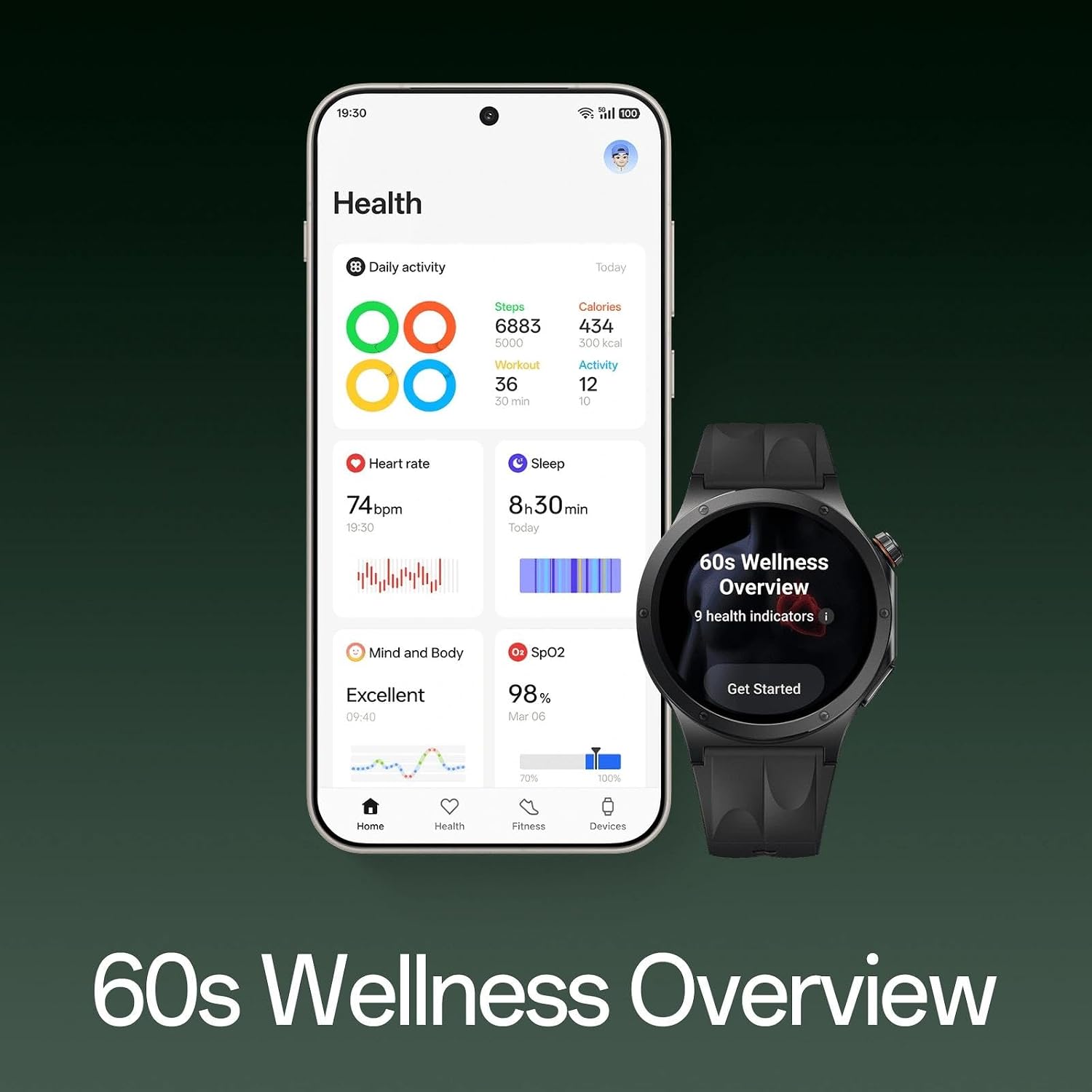 Watch 4 Smartwatch 47mm, LTPO OLED Display Display 43g All-titanium Body, Up to 16 Days Battery Life, 60s Wellness Overview Sleep Heart Rate Blood Oxygen Monitoring, 100+ Sport Mode, Black Black Watch4