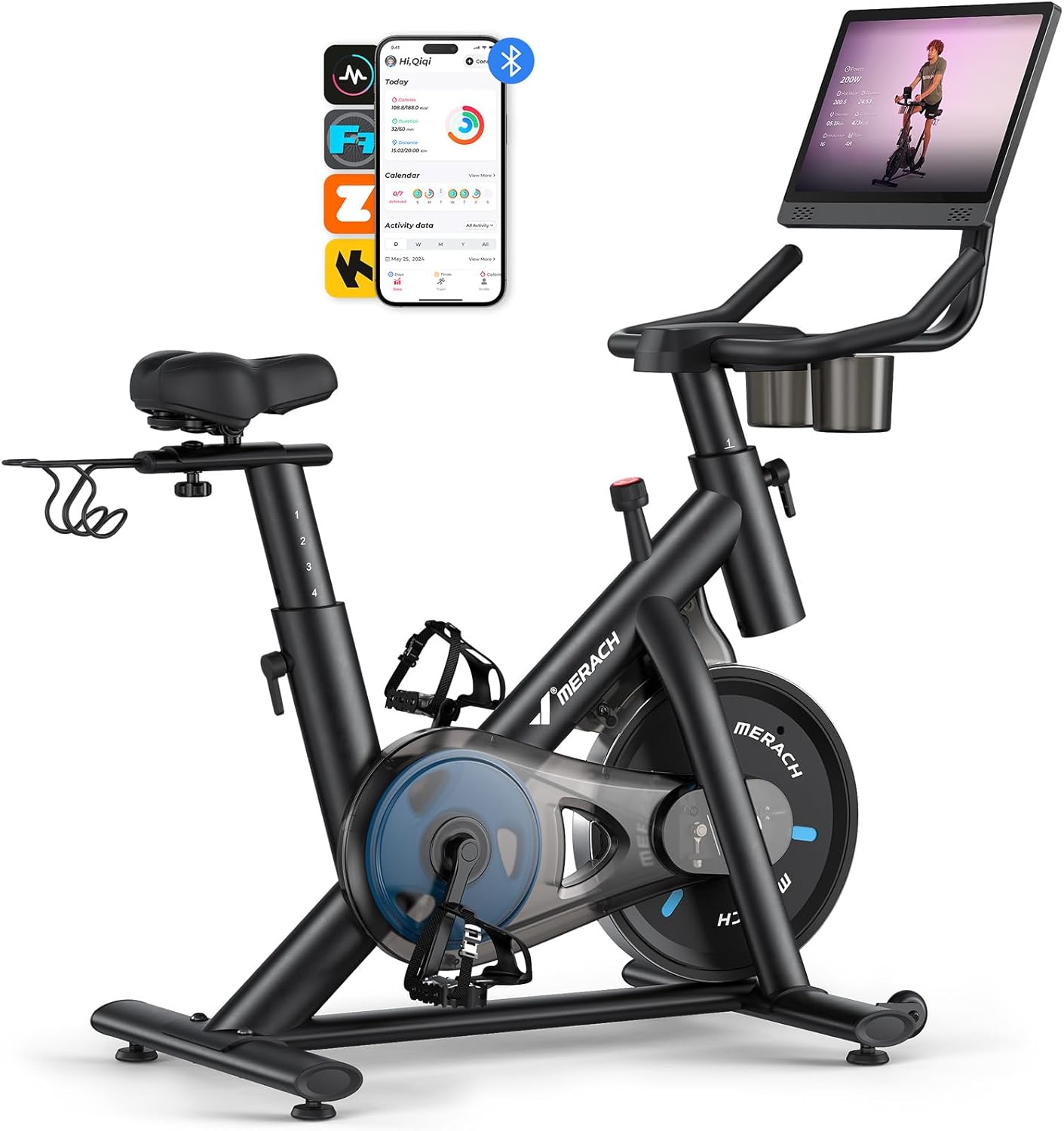 Exercise Bike, Brake Pad Stationary Bike with Exclusive App, Low Noise Indoor Cycling Bike with 300lbs Weight Capacity, Tablet Mount and Fitness Courses for Weight Loss Magnetic Pro