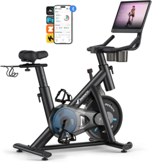 Exercise Bike, Brake Pad Stationary Bike with Exclusive App, Low Noise Indoor Cycling Bike with 300lbs Weight Capacity, Tablet Mount and Fitness Courses for Weight Loss Magnetic Pro
