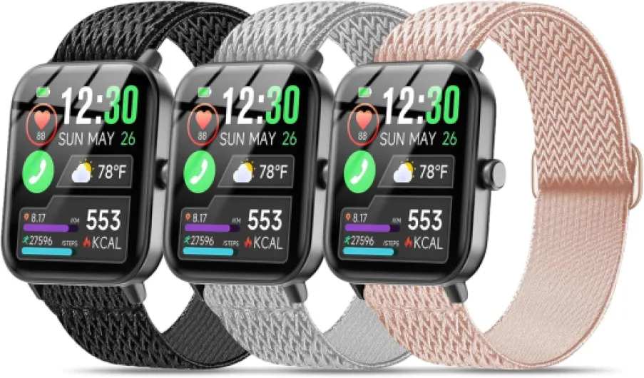 3 Pack Nylon Elastic Band Compatible with GloryFit T80/T70/T60/T50/P99/P98 Smartwatch,22mm Soft Breathable adjustable Sport Replacement Quick Release Strap accessory Women Men Black/Rose Pink/Light Gray