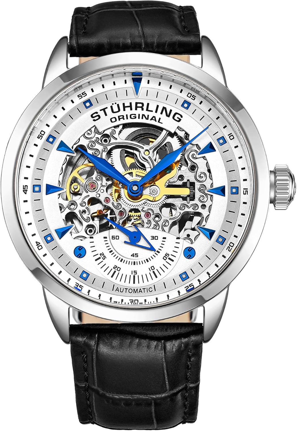 Mens Skeleton Automatic Dress Watch with Alligator Embossed Leather Strap Skeleton Dial White