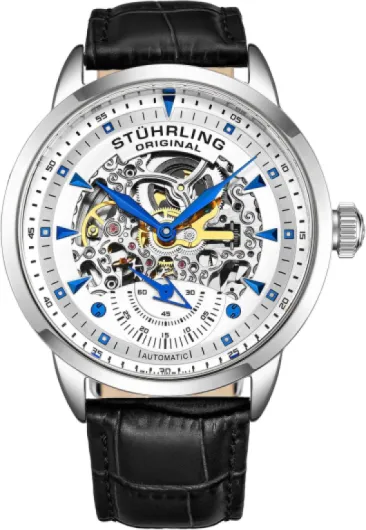 Mens Skeleton Automatic Dress Watch with Alligator Embossed Leather Strap Skeleton Dial White