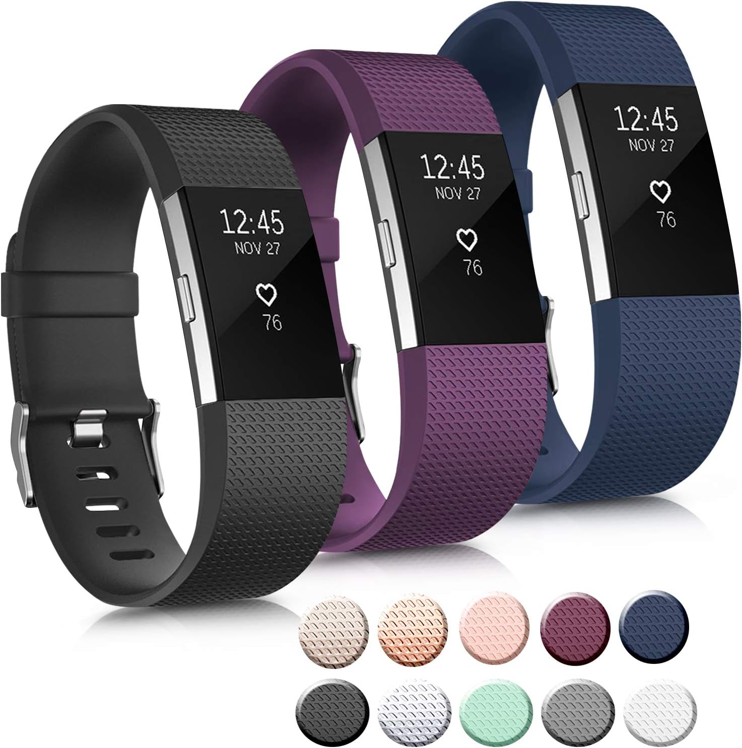 3 Pack Sport Bands Compatible with Fitbit Charge 2 Bands Women Men, Adjustable Replacement Strap Wristbands for Fitbit Charge 2 HR Small Large (Small, Black/Purple/Navy Blue) Small Black/Purple/Navy Blue