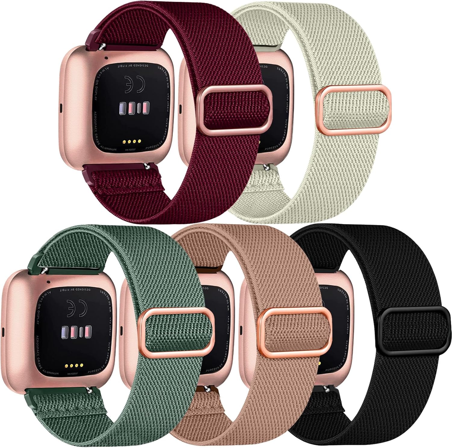 5 Pack Bands Compatible with Fitbit Versa 2 Bands for women/Versa Lite/SE, Soft Adjustable Nylon Braided Sport Solo Loop Smartwatch Band for Fitbit Versa2/Lite/SE Women Men Deep Pink/Deep Green/Black/Starlight/Wine Red