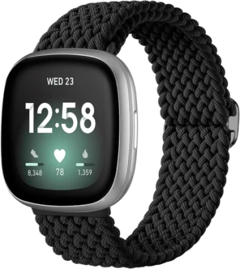 Braided Stretchy Band Compatible for Fitbit Sense/Versa 3/4 and Sense 2, Soft Elastic Strap Bracelet Wrist Bands for Smart Watch, Accessory for Men and Women 1-Black Fit for 4.5'' to 9.5'' (115mm-240mm) wrist