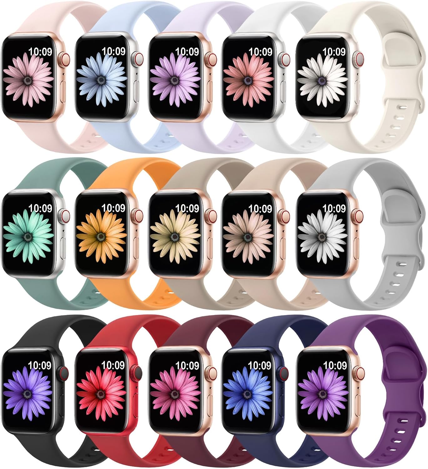 15 Pack Soft Silicone Bands Compatible with Apple Watch Band 40mm 41mm 38mm 45mm 44mm 42mm 46mm 49mm for Women Men,Sport iWatch bands Replacement Strap Wristbands for iWatch SE Series 10 9 8 7 6 5 4 3 15pack-color 38mm/40mm/41mm/42mm(Series 11 10)