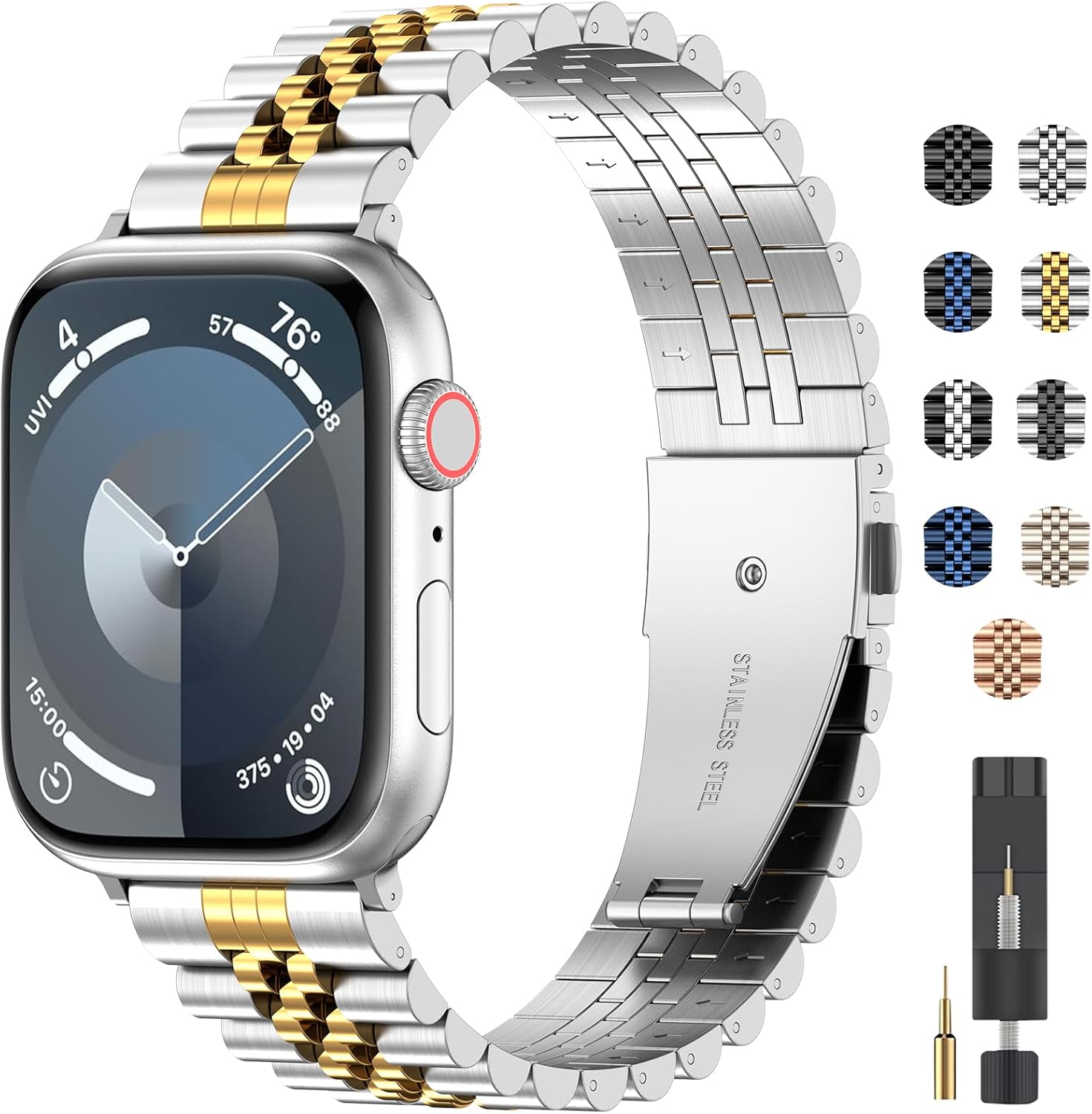 Metal Band Compatible with Apple Watch Band 38mm 40mm 41mm 42mm 44mm 45mm 46mm 49mm,Stainless Steel Metal Replacement Band Compatible with iWatch Series 10 9 8 7 6 5 4 3 SE 2 Ultra Silver Gold 38mm/40mm/41mm/42mm(Series 10)