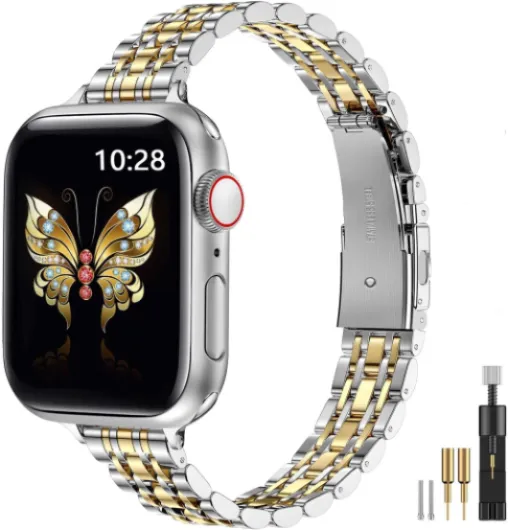Slim Metal Band Compatible with Apple Watch Band 42mm(Series 11 10) 41mm(Series 9 8 7) 40mm(Series 6 5 4 SE3/2/1) 38mm(Series 3 2 1),Stainless Steel iWatch Bands for Women,Silver/Gold Silver/Gold 38mm 40mm 41mm 42mm