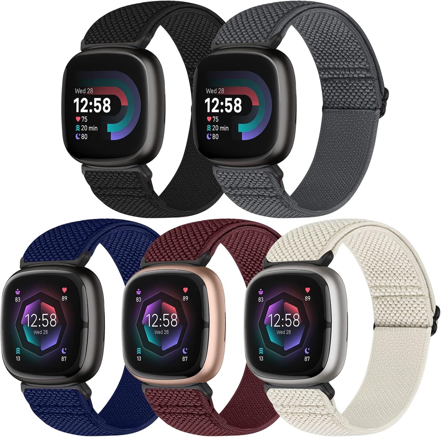 Compatible with Fitbit Versa 4/Versa 3/Sense 2/Sense Band Women Men, 5 Pack Elastic Nylon Soft Adjustable Stretchy Solo Loop Replacement Strap for Women Men Black+Grey+Indigo+Wine Red+Creamy-white