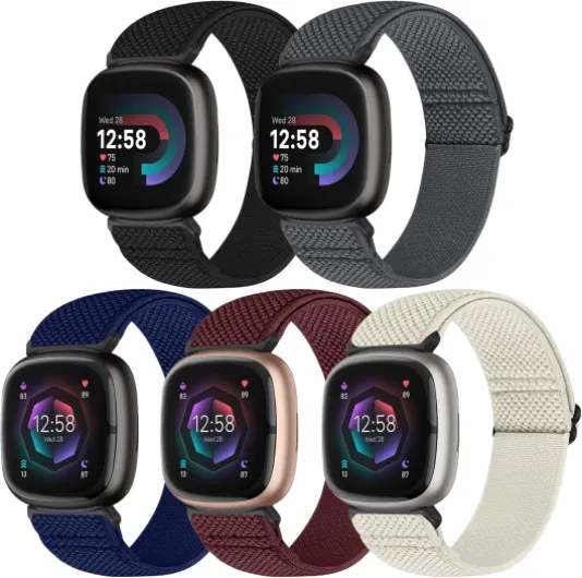 Compatible with Fitbit Versa 4/Versa 3/Sense 2/Sense Band Women Men, 5 Pack Elastic Nylon Soft Adjustable Stretchy Solo Loop Replacement Strap for Women Men Black+Grey+Indigo+Wine Red+Creamy-white