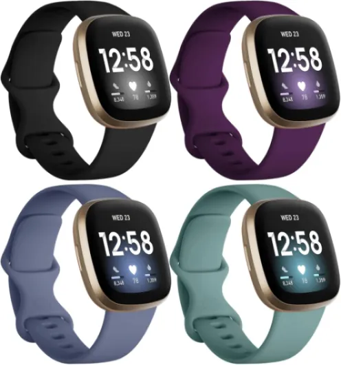 Bands Compatible with Fitbit Sense/Versa 3 / Versa 4 / Sense 2, Soft TPU Sport Strap Band, Replacement Wristband for Women Men, 4Pack Small, Black Modena Bluegrey Pinegreen Small A Black/Modena/Bluegrey/Pinegreen