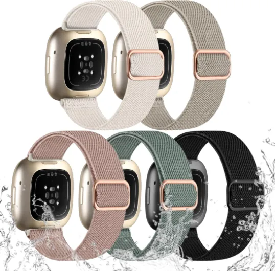 Compatible with Fitbit Versa 4 Bands for Woman/Versa 3 Band, Compatible with Fitbit Sense 2 Bands/Sense Band, Water-Resistant Adjustable Stretchy Nylon Sport Strap for Smart Watches, 5 Packs Apricot/Black/Brown Green/Pine Green/Pink