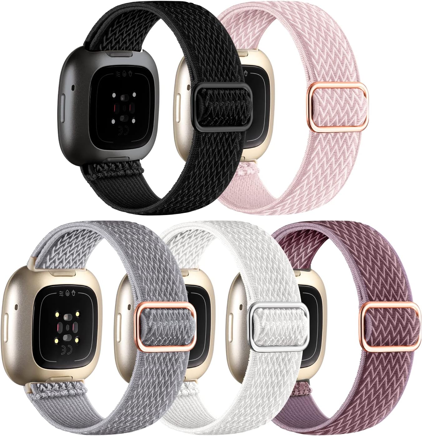 Compatible with Fitbit Versa 3/Fitbit Versa 4 /Fitbit Sense/Sense 2 Bands for Women Men, Adjustable Stretchy Solo Loop Elastic Nylon Sport Strap for SmartWatch Replacement Black/White/Rose Pink/Gray/Smokey Mauve For Versa 3/Versa 4/Sense/Sense 2