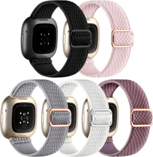 Compatible with Fitbit Versa 3/Fitbit Versa 4 /Fitbit Sense/Sense 2 Bands for Women Men, Adjustable Stretchy Solo Loop Elastic Nylon Sport Strap for SmartWatch Replacement Black/White/Rose Pink/Gray/Smokey Mauve For Versa 3/Versa 4/Sense/Sense 2