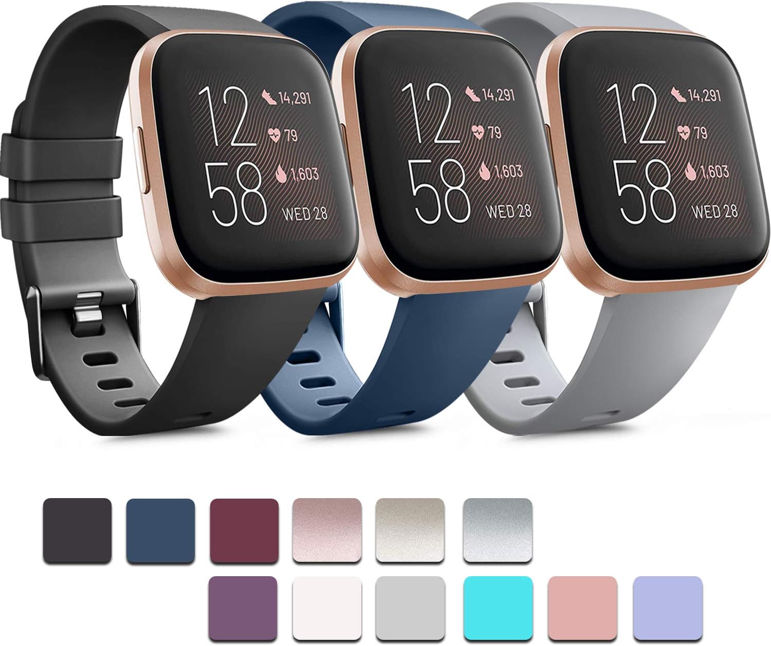 PACK 3 Soft Silicone Bands Compatible for Fitbit Versa 2 / Fitbit Versa/Fitbit Versa Lite Adjustable Sport Bands for Women Men Small Large (Black+Blue+Grey, Small) Small Black+Blue+Grey