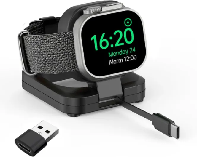 Portable Magnetic Charging Dockr for Apple Watch,Foldable Wireless Fast Charger Stand with 2.3 ft Retractable USB C Cable for Apple Watch Series10/9/8/7/6/5/4/3/2,Ultra/2/SE (Black)