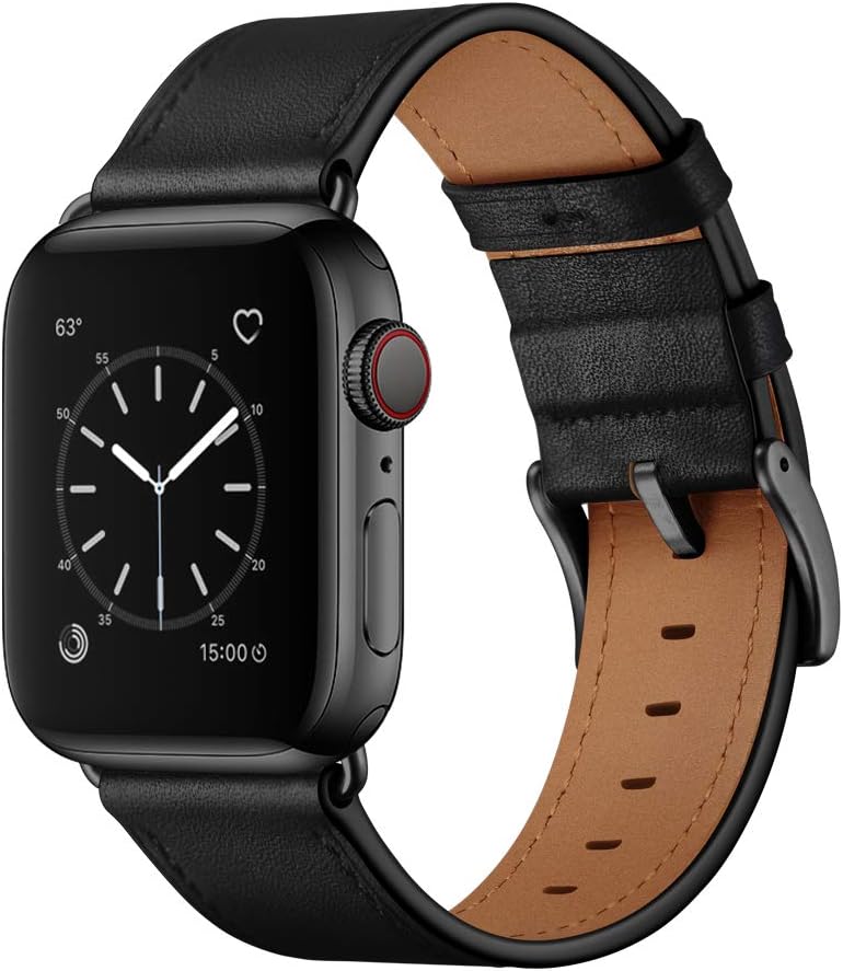 Leather Bands Compatible with Apple Watch Band 49mm/46mm/45mm/44mm/42mm, Genuine Leather Strap Compatible with iWatch Ultra 3/2/1 & Series 11/10/9/8/7/6/5/4/3/2/1 & SE3 SE2 SE, Black/Black A-Black/Black 49mm/46mm/45mm/44mm/42mm(Series 3 2 1)