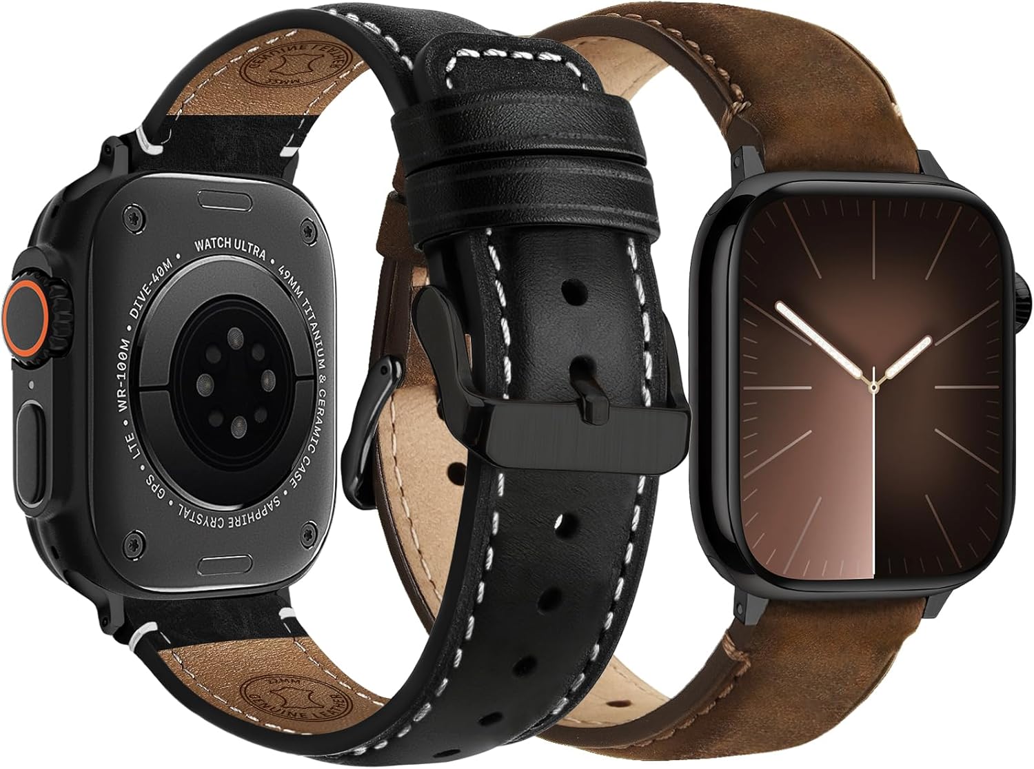 Leather Band Compatible with Apple Watch Bands 49mm 46mm 45mm 44mm 42mm 41mm 40mm 38mm,Top Grain Leather iWatch Straps for Apple Watch Ultra SE Series 11 10 9 8 7 6 5 4 3 2 1 Coffee+Black/Black+Black 49mm 46mm 45mm 44mm 42mm（S3/2/1)