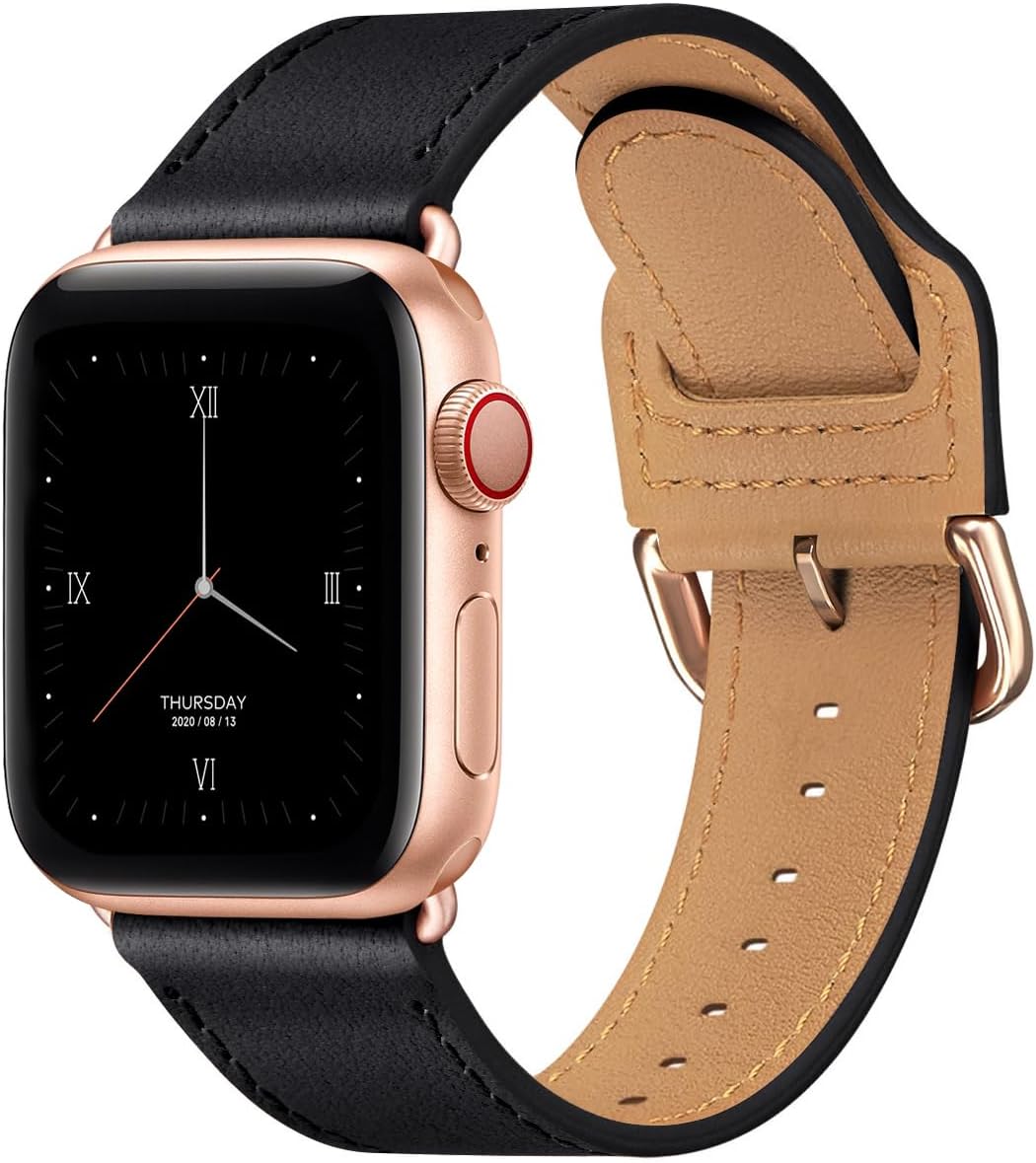 Leather Bands Compatible with Apple Watch Band 38mm 40mm 41mm 42mm-Series 11/10,Genuine Leather Strap Compatible for Women Men iWatch SE Series 11 10 9 8 7 6 7 6 5 4 3 2 1(Black/Rosegold) Black/Rosegold 38mm 40mm 41mm 42mm( Series11/10)