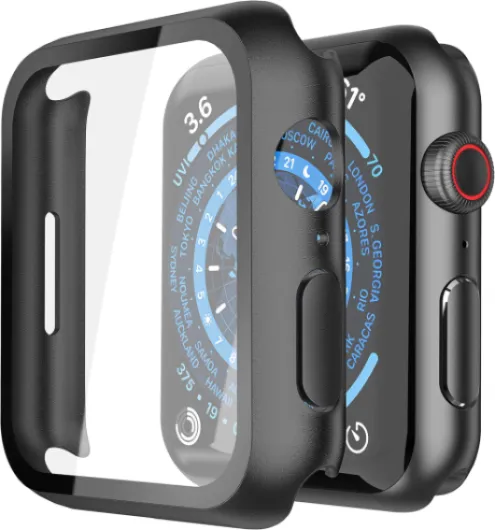 2 Pack Hard PC Case with Tempered Glass Screen Protector Compatible with Apple Watch Series 9 (2023) Series 8 Series 7 45mm, Ultra-Thin Scratch Resistant Cover for iWatch S9/S8/S7, Black 45mm Black(2-Pack)
