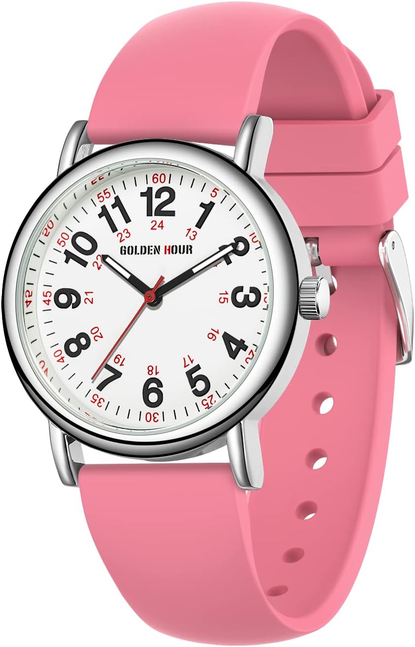 Waterproof Nurse Watch for Medical Professionals, Students Women Men - Military Time Luminouse Easy Read Dial, 24 Hour with Second Hand, Colorful Silicone Band Pink