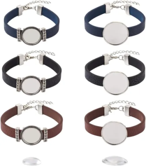 14Pcs PU Leather Cord Bracelet Bezel Tray Blank Flat Round Cabochon Settings Bezel Tray Watch Bands Base Tray Bracelet Blanks with Glass Cabochons for Jewelry Making