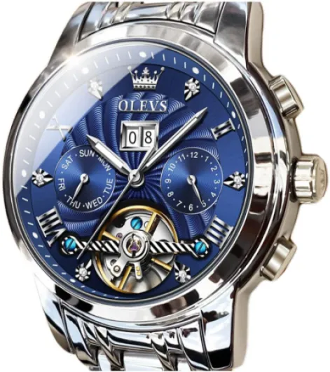 Men Automatic Watch Skeleton 5 Hands Mechanical Classic Luxury Multi Calendar Stainless Steel Waterproof Wrist Watch for Men Silver&Blue