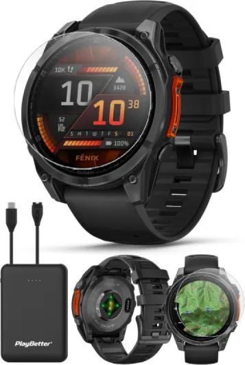 Garmin Fenix 8 AMOLED (47mm, Slate Gray/Black) Multisport GPS Smartwatch Bundle - 1.4” Touchscreen, Built-in LED Flashlight Portable Charger & Screen Protectors AMOLED (Slate Gray/Black) 47mm