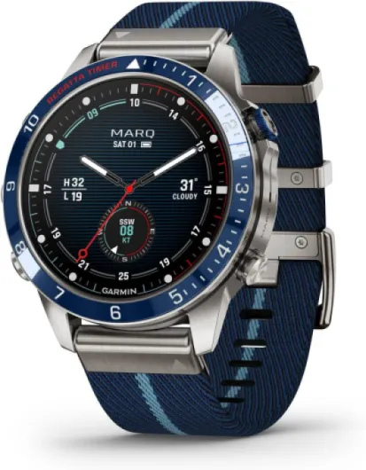 Garmin MARQ Captain (Gen 2) Modern Tool Smartwatch, Titanium Case with Premium Nylon Strap + Black Silicone Band, Sapphire Lens, AMOLED Display, Marine & Sailing Features, 010-02648-10 (Renewed)