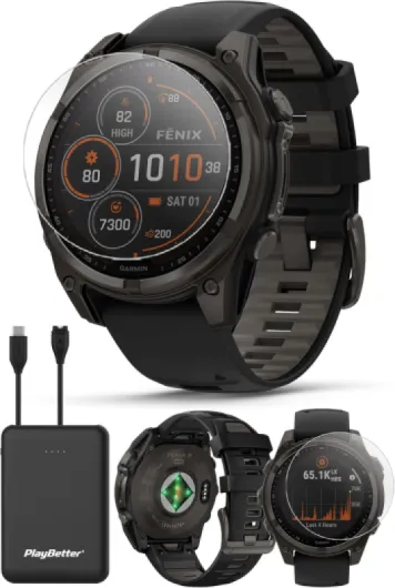 Garmin Fenix 8 Solar Sapphire (47mm, Carbon Gray DLC Titanium) Multisport GPS Smartwatch Bundle - 1.4” Touchscreen, Built-in LED Flashlight Portable Charger & Screen Protectors Solar Sapphire (Carbon Gray DLC Titanium) 47mm