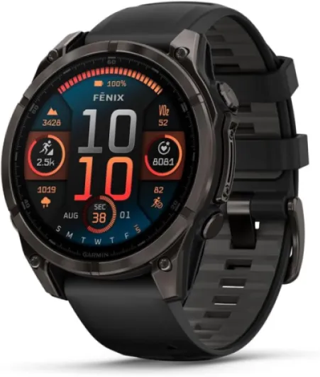 Fēnix® 8 – 47 mm, AMOLED, Sapphire, Premium Multisport GPS Smartwatch, Long-Lasting Battery Life, Dive-Rated, Built-in LED Flashlight, Carbon Gray DLC Titanium with Pebble Gray Band 47 mm fenix 8 - AMOLED Titanium with Gray Band
