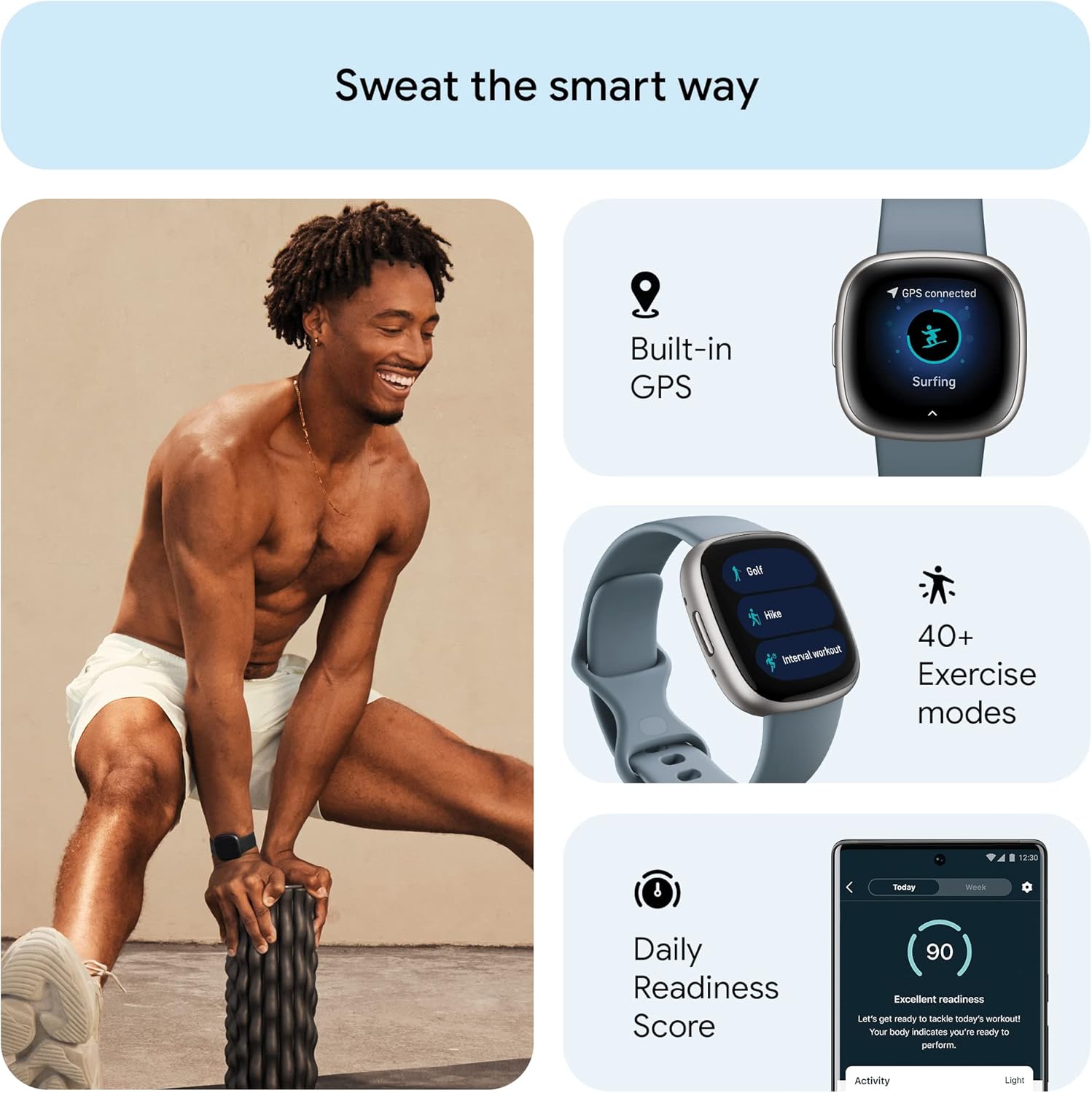 Versa 4 Fitness Smartwatch with Daily Readiness, GPS, 24/7 Heart Rate, 40+ Exercise Modes, Sleep Tracking and more, Waterfall Blue/Platinum, One Size (S & L Bands Included)
