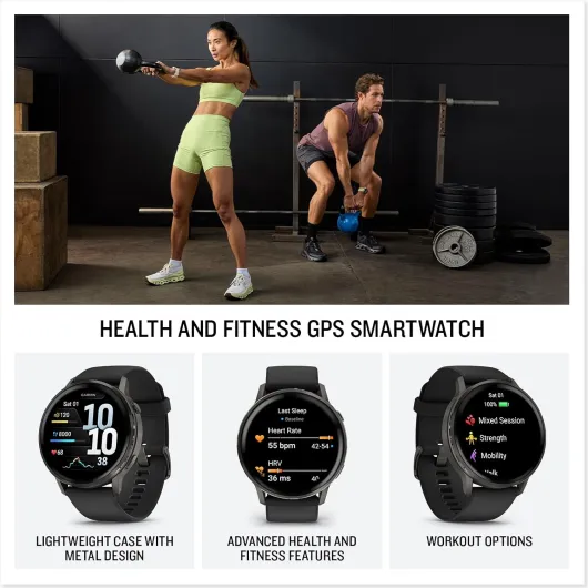 Garmin Venu 4, 45mm - Montres GPS connectées avancées Forme et santé avec écran Ultra-Lumineux et coloré, Lampe LED intégrée et Fonctions connectée - Noir et Gray avec Bracelet Noir Gray/Noir 45mm