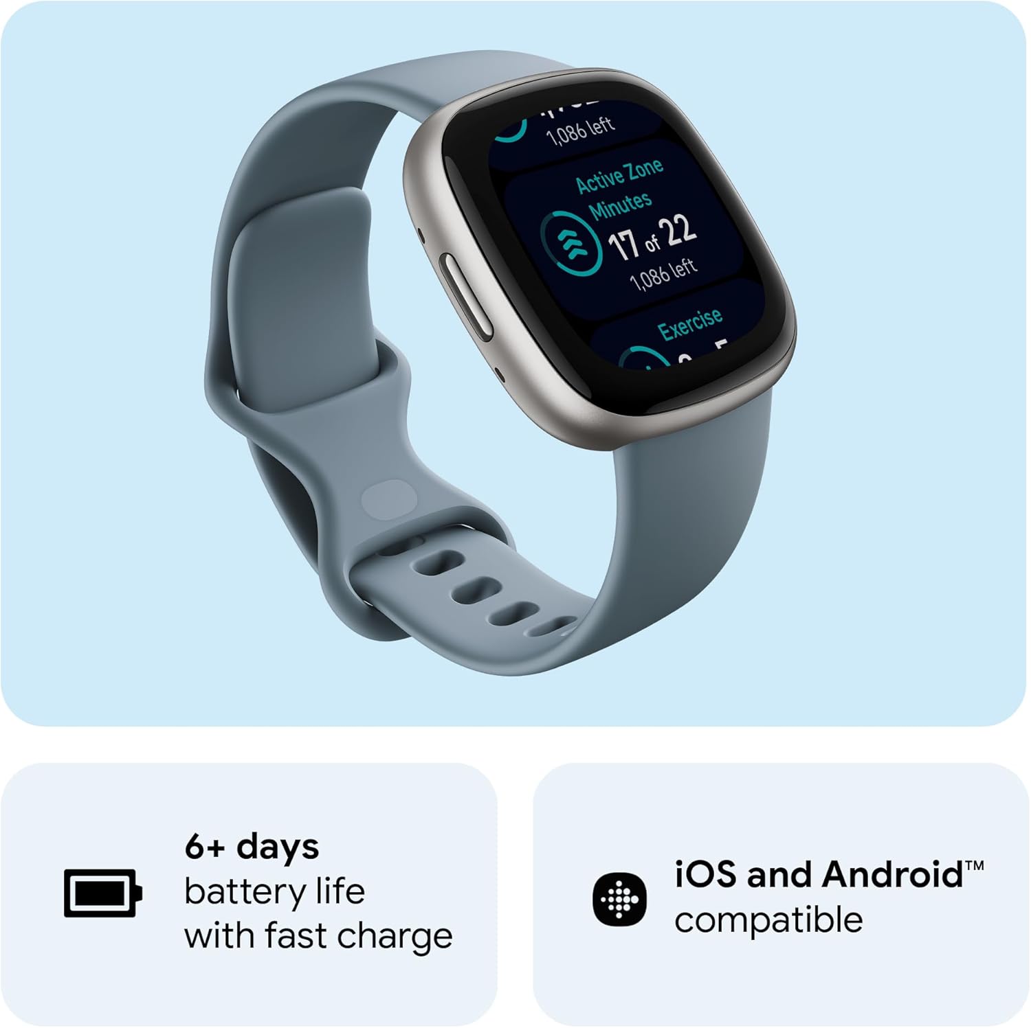 Google Fitbit Versa 4 Fitness Smartwatch with built-in GPS and up to 6 days battery life - compatible with iOS 15 or higher & Android OS 9.0 or higher Single Waterfall Blue/Platinum