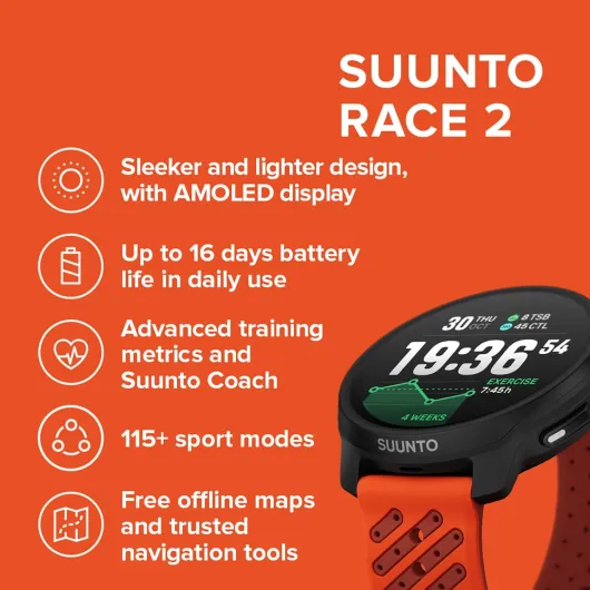 Race 2 GPS Sport Watch, Bright 1.5-inch AMOLED Touchscreen, Sleeker and Lighter Design, 16-Day Battery Life, Offline Maps, Accurate Navigation, 115+ Sport Modes Coral Orange