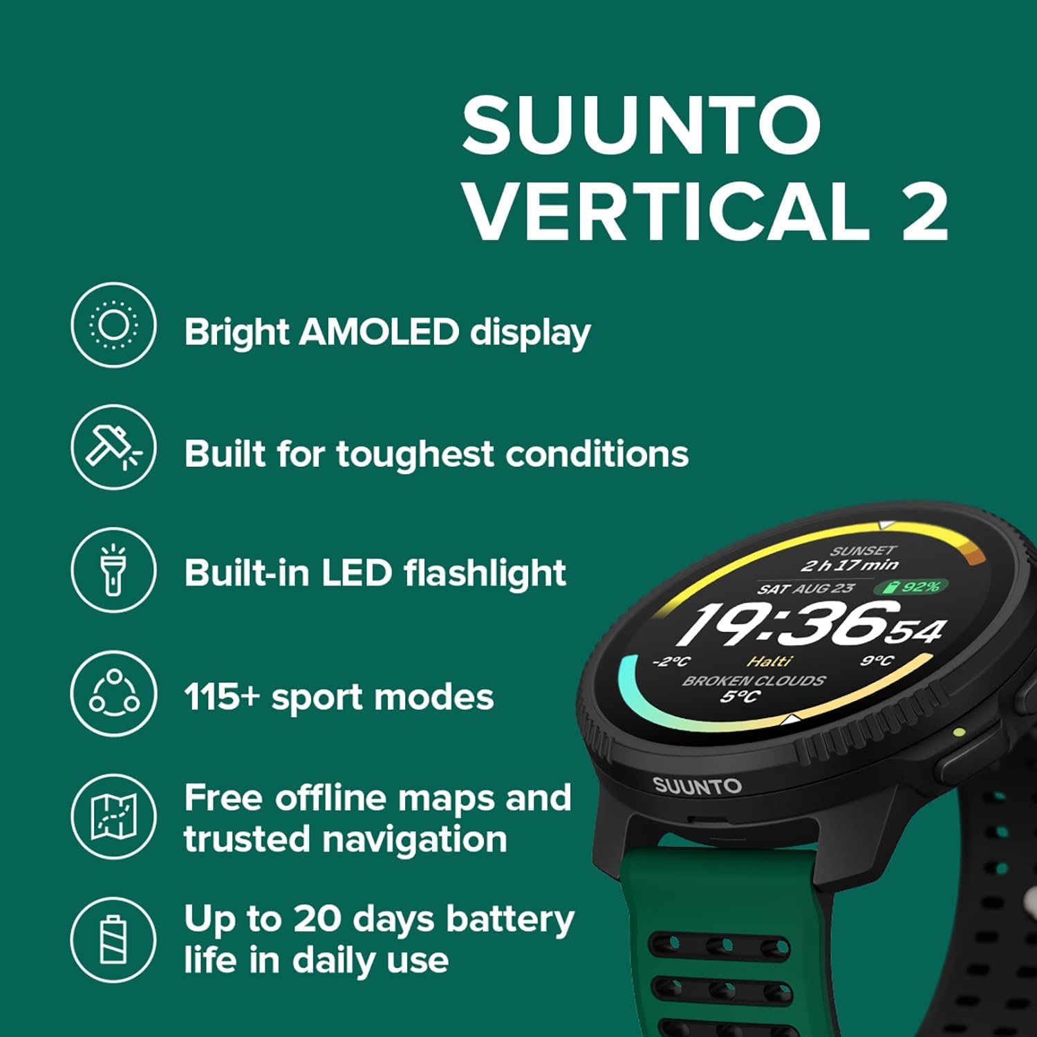 Vertical 2 GPS Sport Watch, Bright AMOLED Touchscreen with Rugged Design, Built-in LED Flashlight, 20-Day Battery Life, Offline Maps, Trusted Navigation, 115+ Sport Modes (Pine Green)