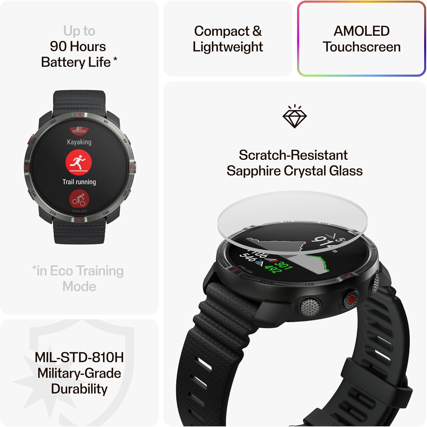 Grit X2 Outdoor Multisport GPS Watch – AMOLED Display, Offline Maps, Dual-Frequency GPS, Wrist ECG, Elixir Biosensing, TrainingPeaks, SpO2, Up to 7-Day Battery Life Black