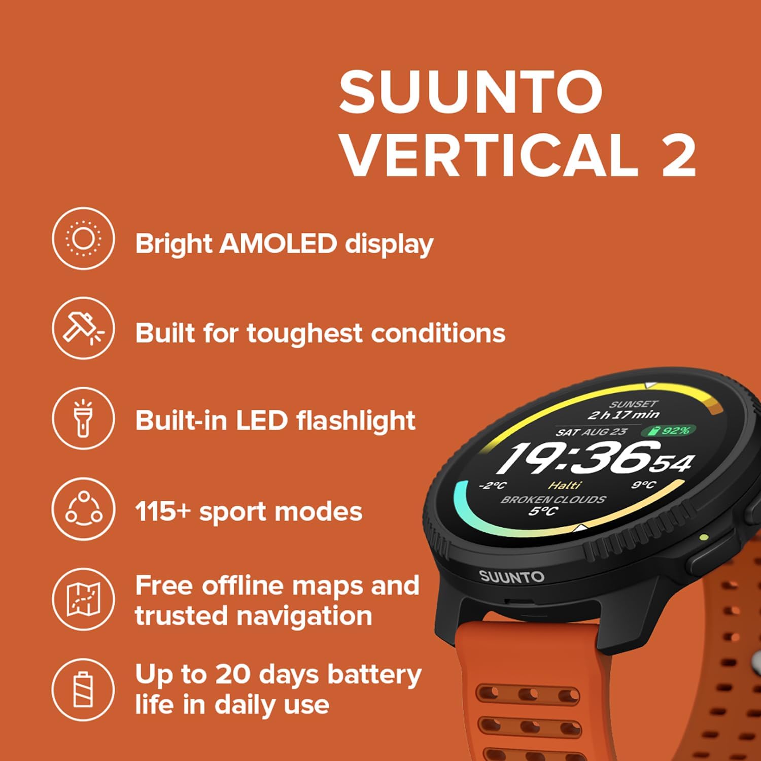 Vertical 2 GPS Sport Watch, Bright AMOLED Touchscreen with Rugged Design, Built-in LED Flashlight, 20-Day Battery Life, Offline Maps, Trusted Navigation, 115+ Sport Modes (Canyon)