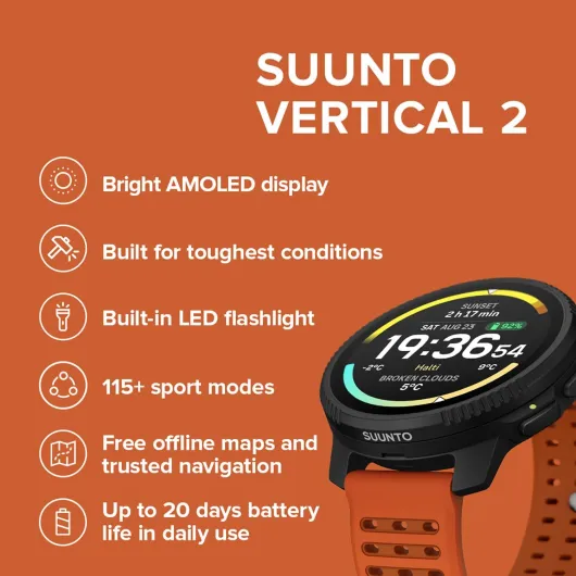 Vertical 2 GPS Sport Watch, Bright AMOLED Touchscreen with Rugged Design, Built-in LED Flashlight, 20-Day Battery Life, Offline Maps, Trusted Navigation, 115+ Sport Modes (Canyon)