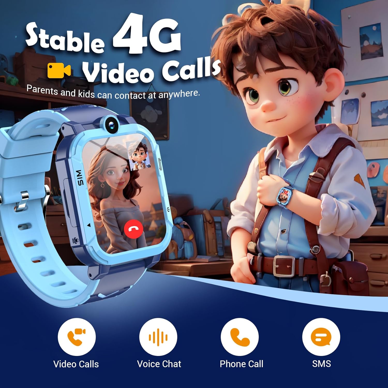 4G Kids Smart Watch for Boys Girls, GPS+LBS+Wi-Fi Tracker, SOS Call/Video Call/Phone Call/Voice Chat, Sleep Monitor, Pedometer, Class Mode, Camera, Games, Birthday Toys for 5-12 Year Olds Blue