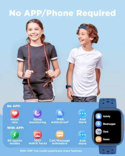 Kids Smart Watch, 1.8" Fitness Watch Pedometer, Heart Rate, Sleep Tracker, IP68 Waterproof, Calorie Step Counter, Puzzle Games with/without APP for Girls Boys Teens 5-16, Blue
