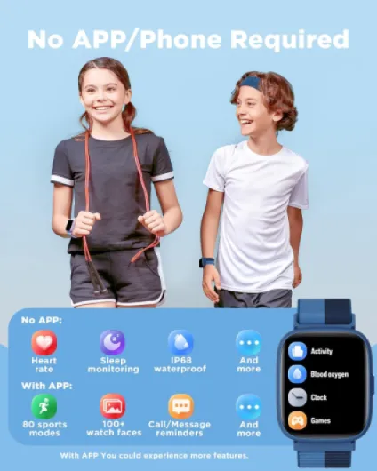 Kids Smart Watch, 1.8" Fitness Watch Pedometer, Heart Rate, IP68 Waterproof, Sleep Tracker, Calorie Step Counter, 5 Puzzle Games with/without APP for Girls Boys Teens 5-16, Nylon Single Strap Nylonblue